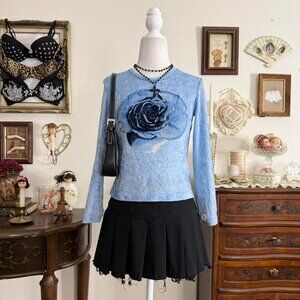 y2k fairy grunge whimsical blue crushed velvet long sleeve baby tee w glittery d